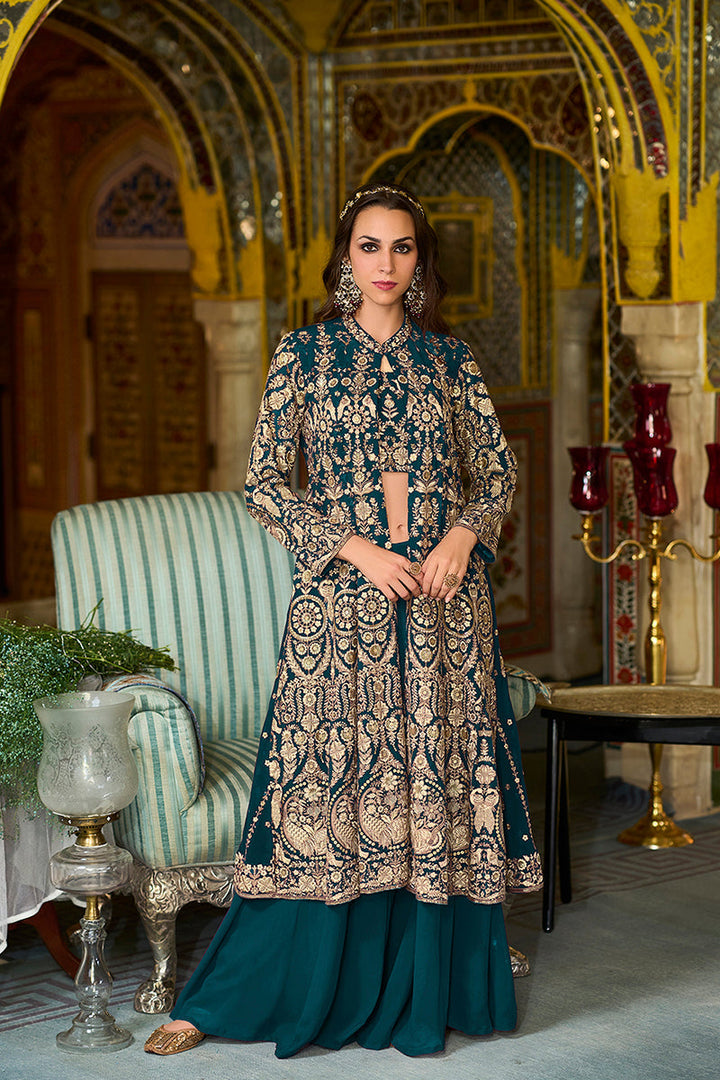 Teal Poly Georgette Embroidered Straighit Top Sharara With Shrug | SHOBITAM