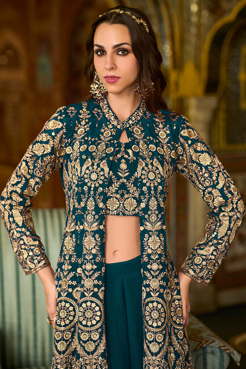 Teal Poly Georgette Embroidered Straighit Top Sharara With Shrug | SHOBITAM