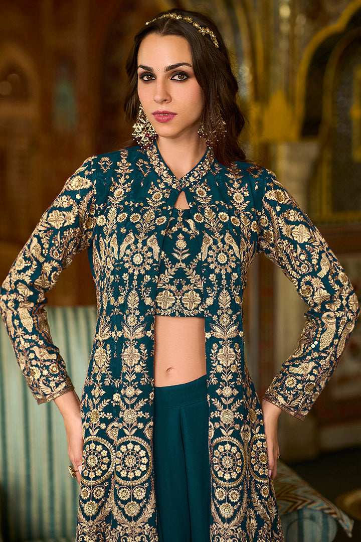 Teal Poly Georgette Embroidered Straighit Top Sharara With Shrug | SHOBITAM