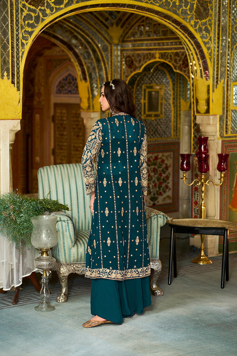 Teal Poly Georgette Embroidered Straighit Top Sharara With Shrug | SHOBITAM