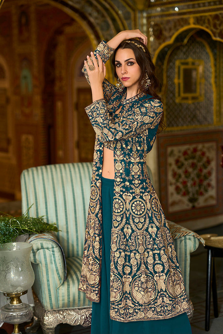 Teal Poly Georgette Embroidered Straighit Top Sharara With Shrug | SHOBITAM
