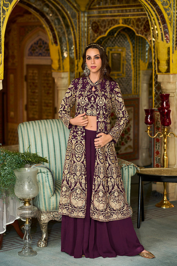 Purple Poly Georgette Embroidered Straighit Top Sharara With Shrug | SHOBITAM