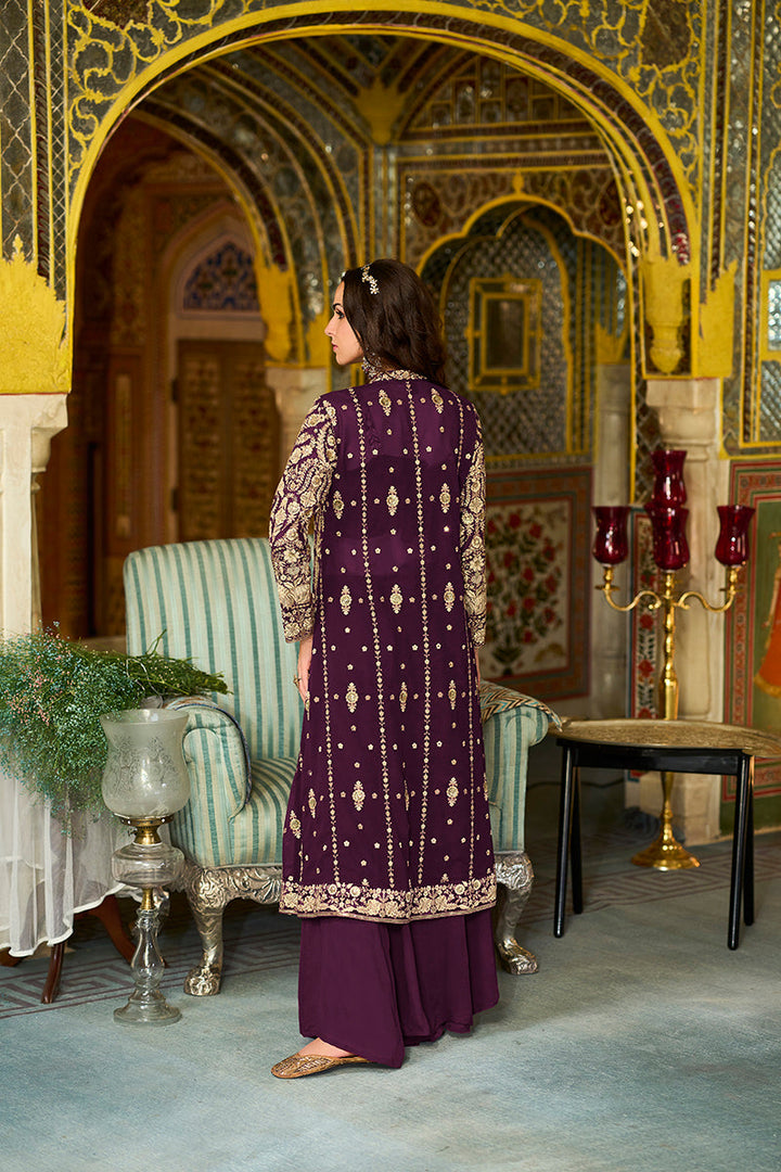 Purple Poly Georgette Embroidered Straighit Top Sharara With Shrug | SHOBITAM