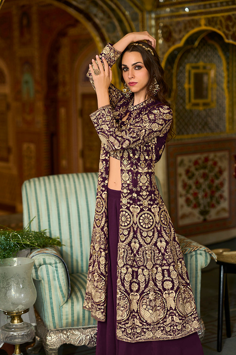 Purple Poly Georgette Embroidered Straighit Top Sharara With Shrug | SHOBITAM