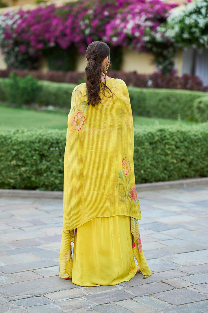 Yellow Chiffon Solid Embroidered Straighit Top Skirt With Shrug | SHOBITAM