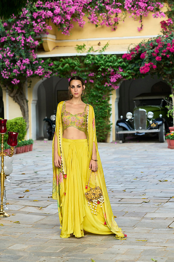 Yellow Chiffon Solid Embroidered Straighit Top Skirt With Shrug | SHOBITAM