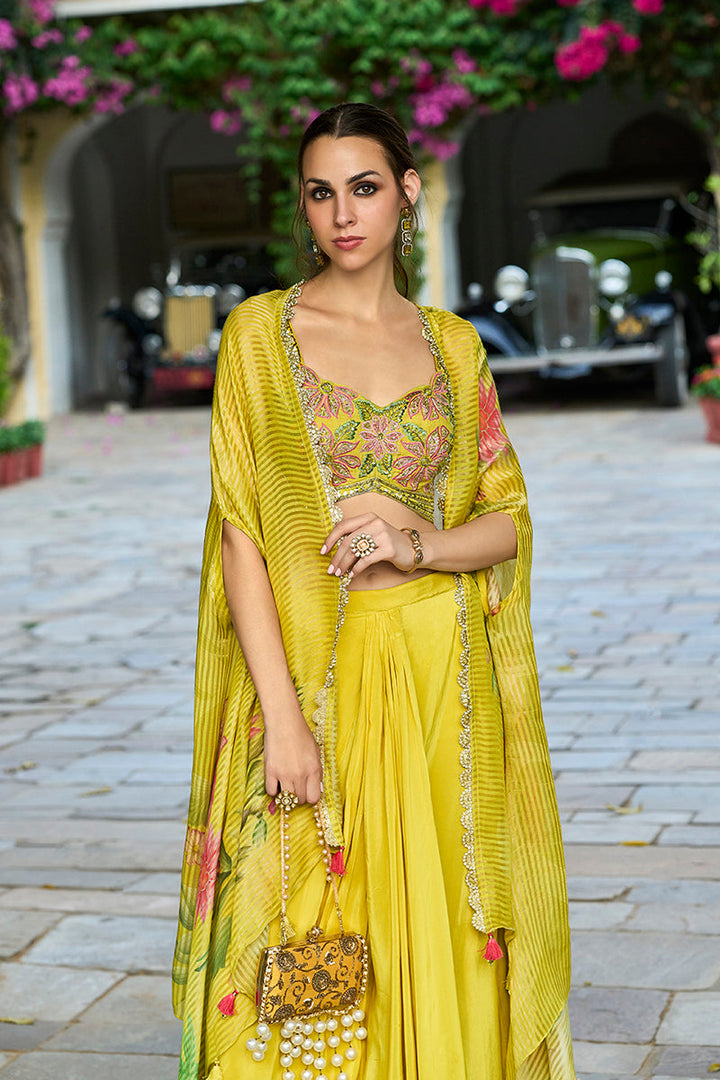 Yellow Chiffon Solid Embroidered Straighit Top Skirt With Shrug | SHOBITAM