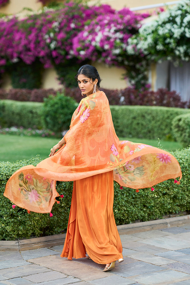 Orange Silk Blend Embroidered Straighit Top Skirt With Shrug | SHOBITAM
