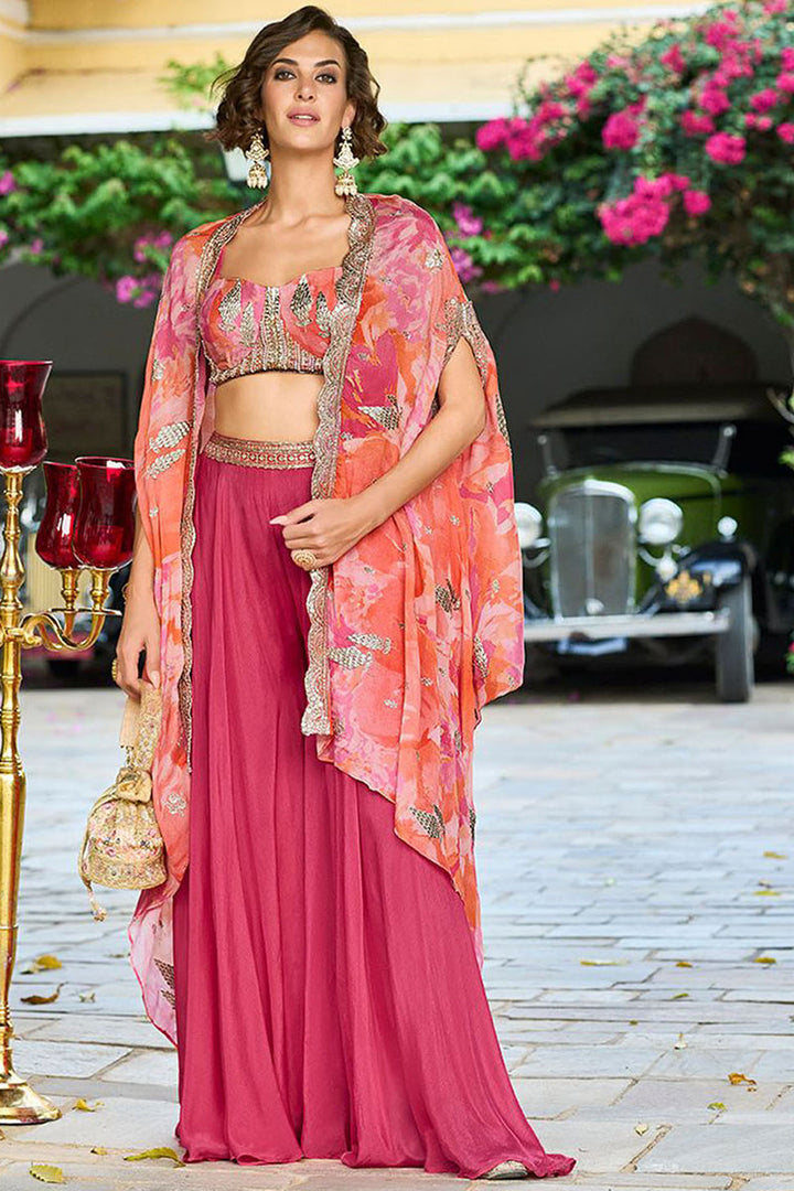 Pink Silk Blend Embroidered Straighit Top Skirt With Shrug | SHOBITAM