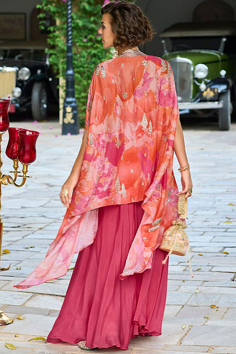 Pink Silk Blend Embroidered Straighit Top Skirt With Shrug | SHOBITAM