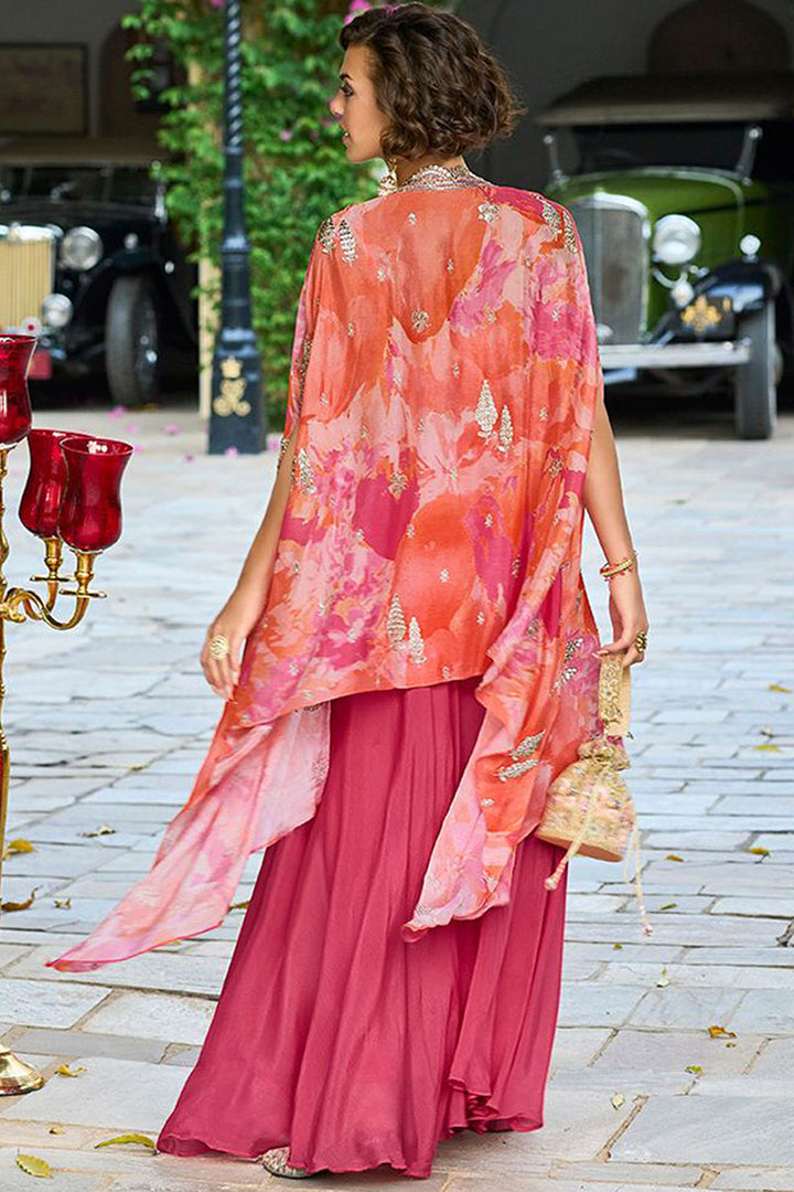 Pink Silk Blend Embroidered Straighit Top Skirt With Shrug | SHOBITAM