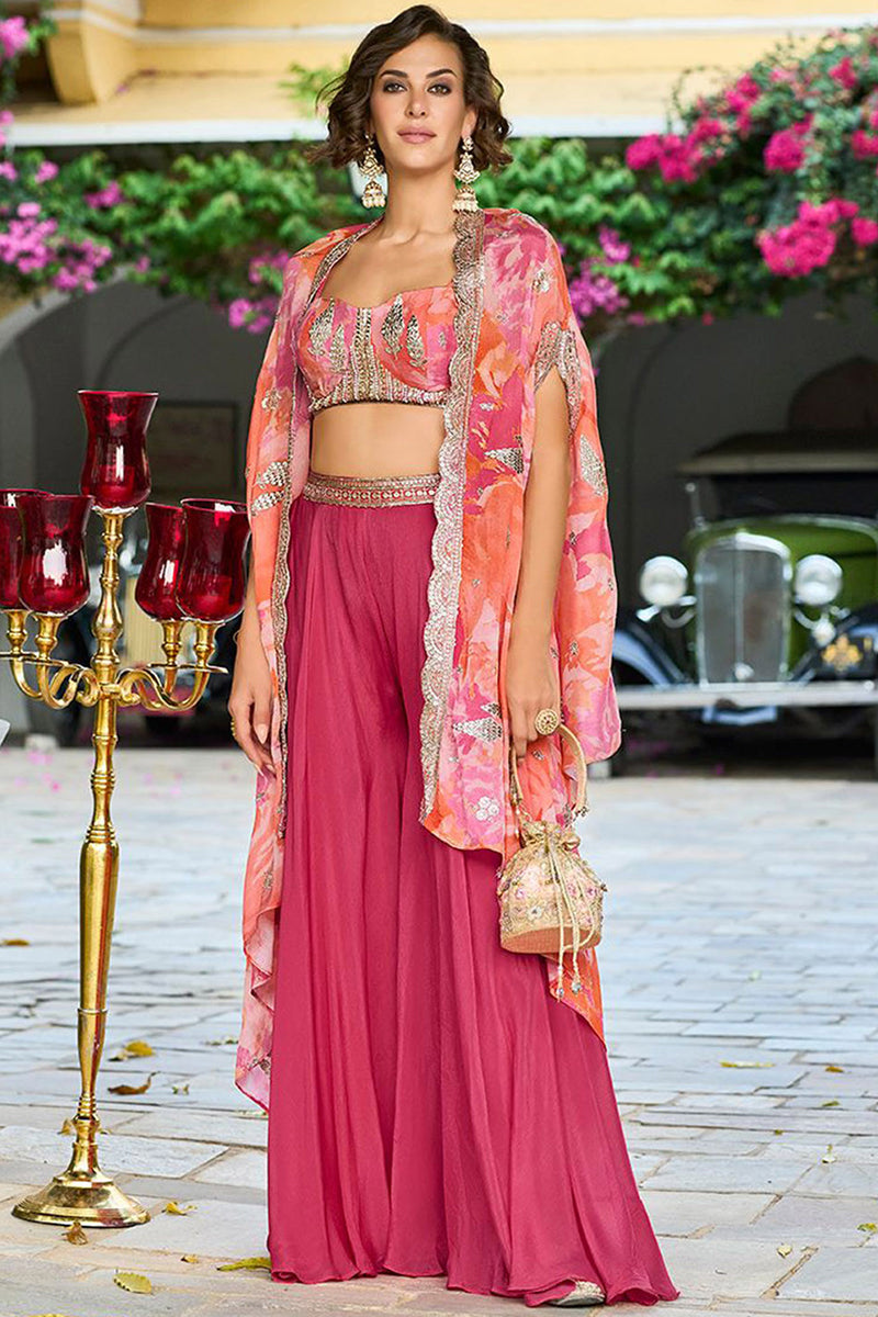 Pink Silk Blend Embroidered Straighit Top Skirt With Shrug | SHOBITAM