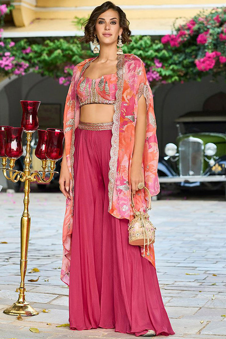 Pink Silk Blend Embroidered Straighit Top Skirt With Shrug | SHOBITAM