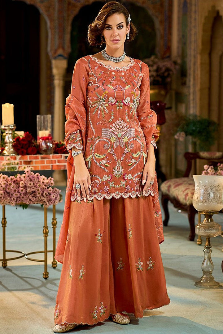 Orange Solid Embroidered Straight Kurta Palaazo with Dupatta | SHOBITAM