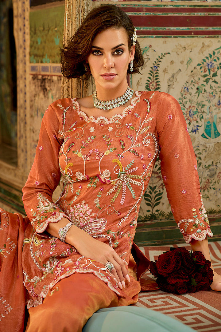 Orange Solid Embroidered Straight Kurta Palaazo with Dupatta | SHOBITAM