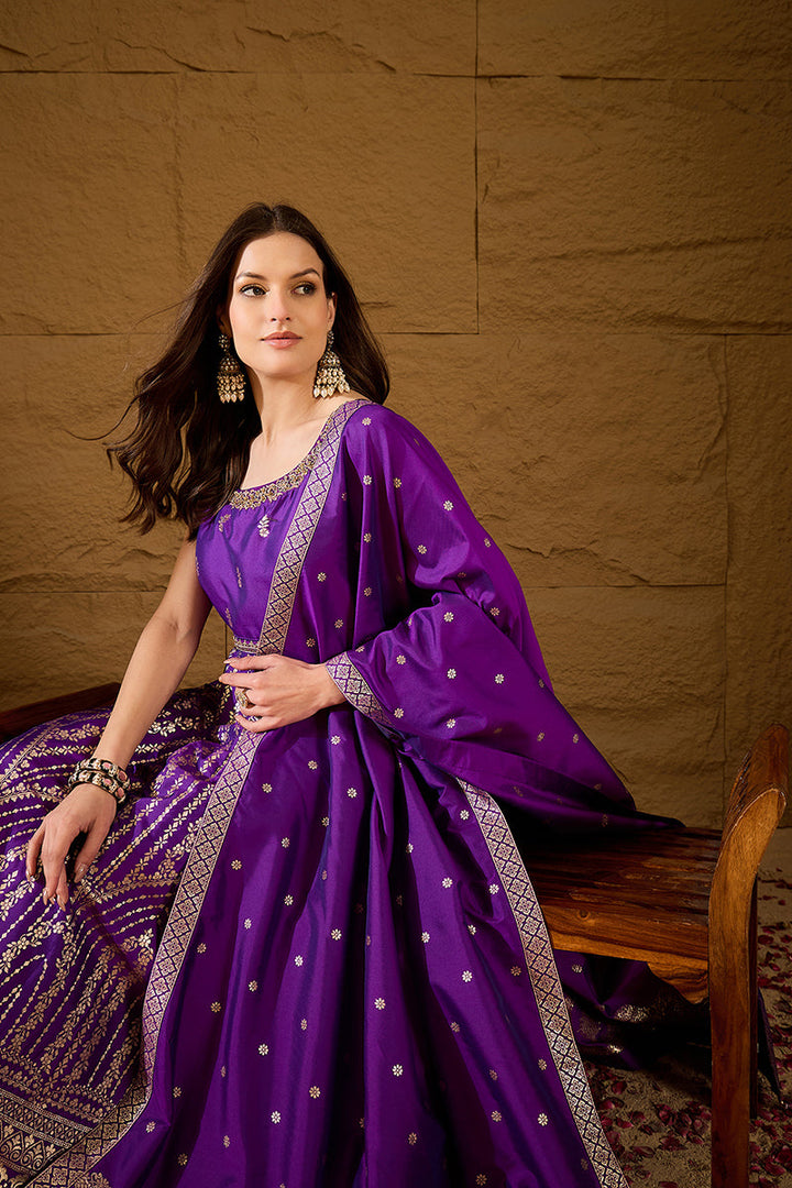 Purple Silk Blend Solid Woven Design Anarkali Kurta Churidar With Dupatta | SHOBITAM