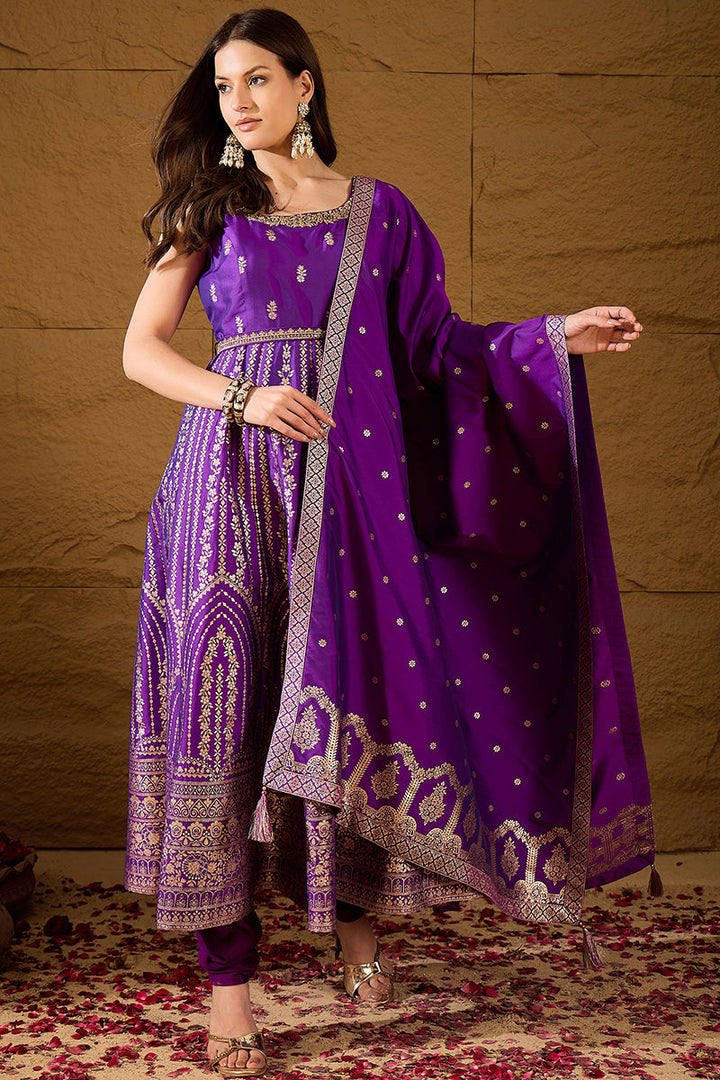 Purple Silk Blend Solid Woven Design Anarkali Kurta Churidar With Dupatta | SHOBITAM