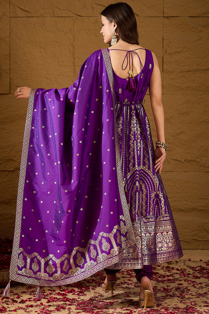 Purple Silk Blend Solid Woven Design Anarkali Kurta Churidar With Dupatta | SHOBITAM