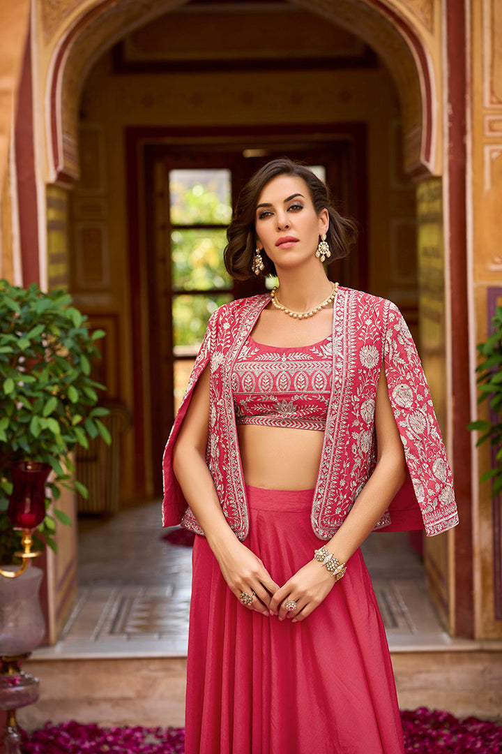 Pink Silk Blend Embroidered Flared Top Bottom With Shrug | SHOBITAM