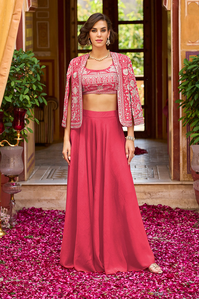 Pink Silk Blend Embroidered Flared Top Bottom With Shrug | SHOBITAM