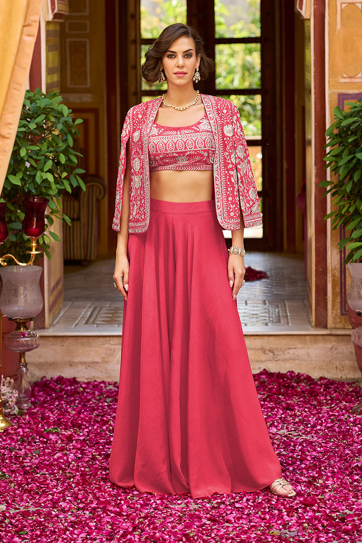 Pink Silk Blend Embroidered Flared Top Bottom With Shrug | SHOBITAM