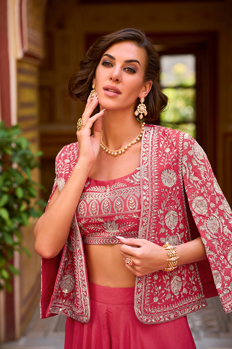 Pink Silk Blend Embroidered Flared Top Bottom With Shrug | SHOBITAM