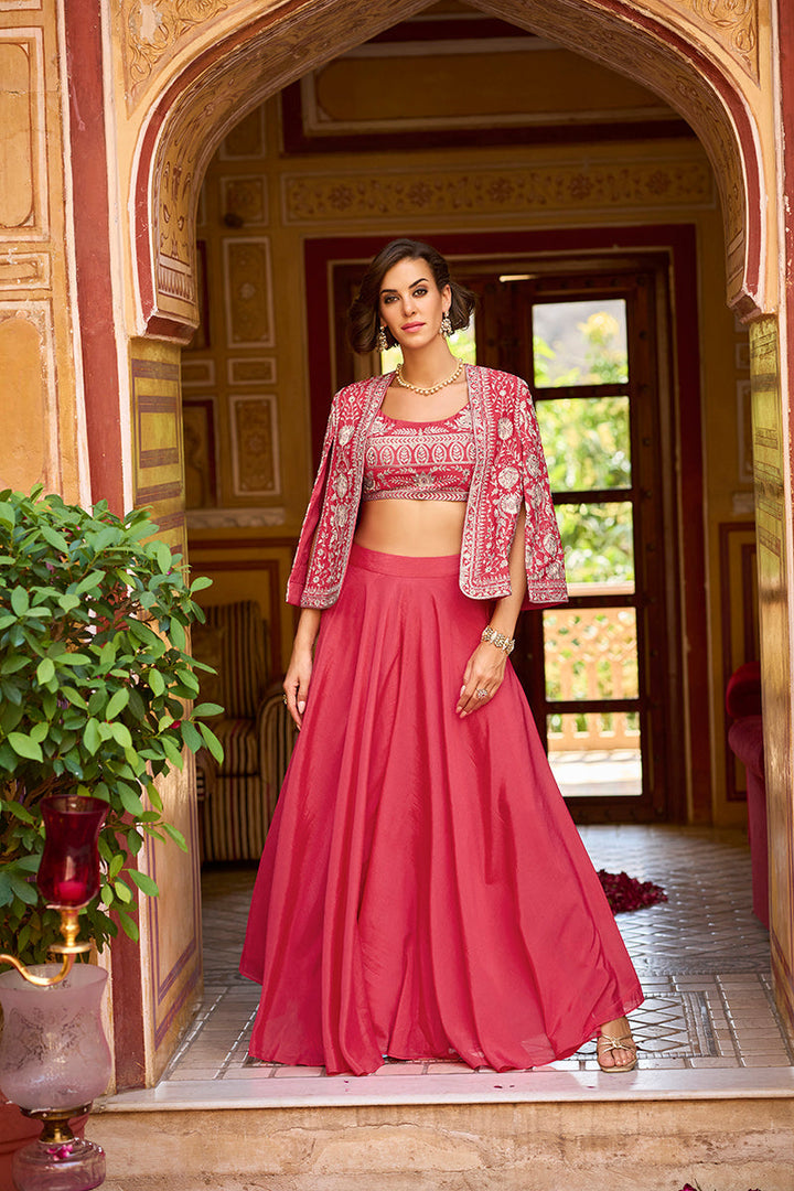 Pink Silk Blend Embroidered Flared Top Bottom With Shrug | SHOBITAM