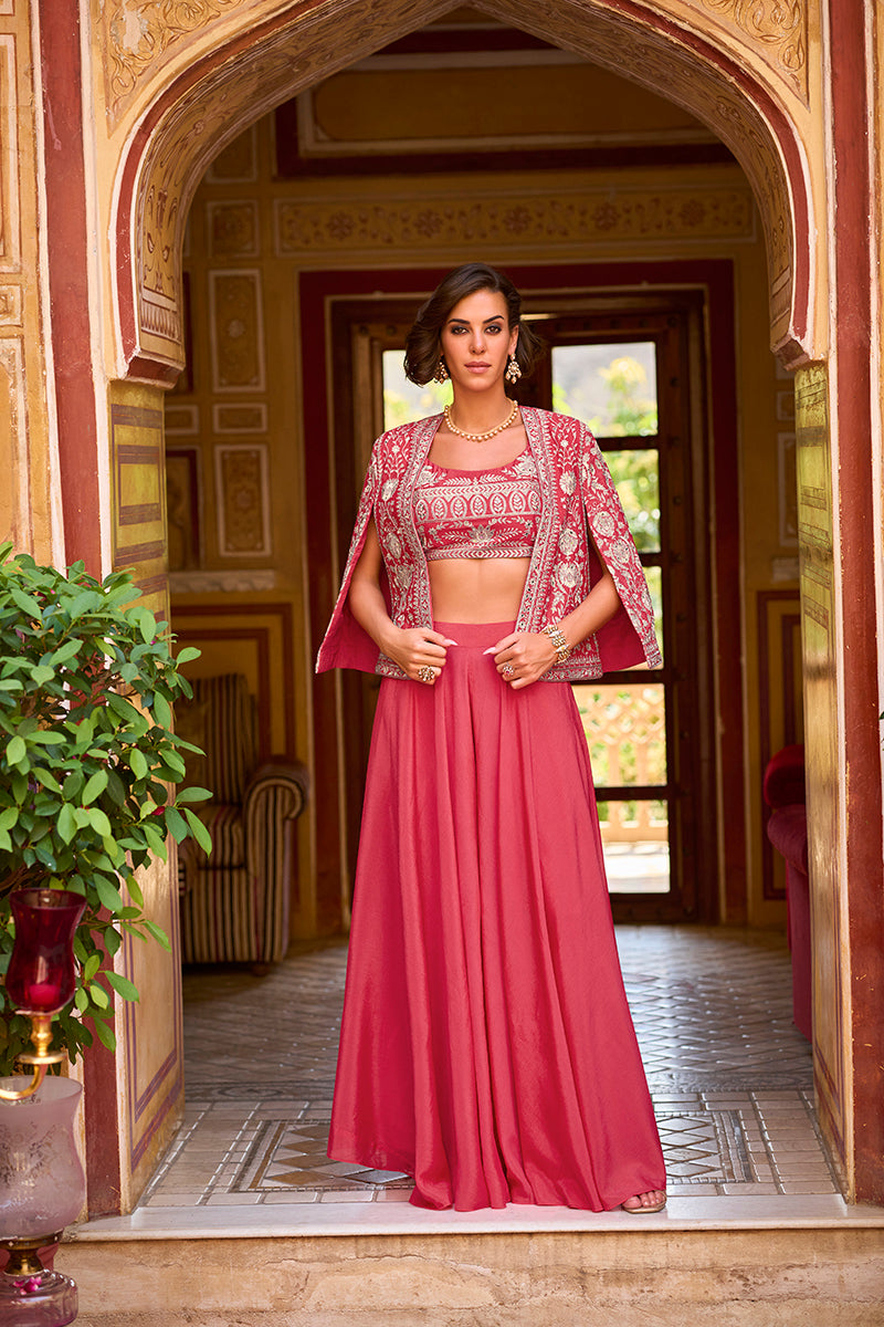 Pink Silk Blend Embroidered Flared Top Bottom With Shrug | SHOBITAM