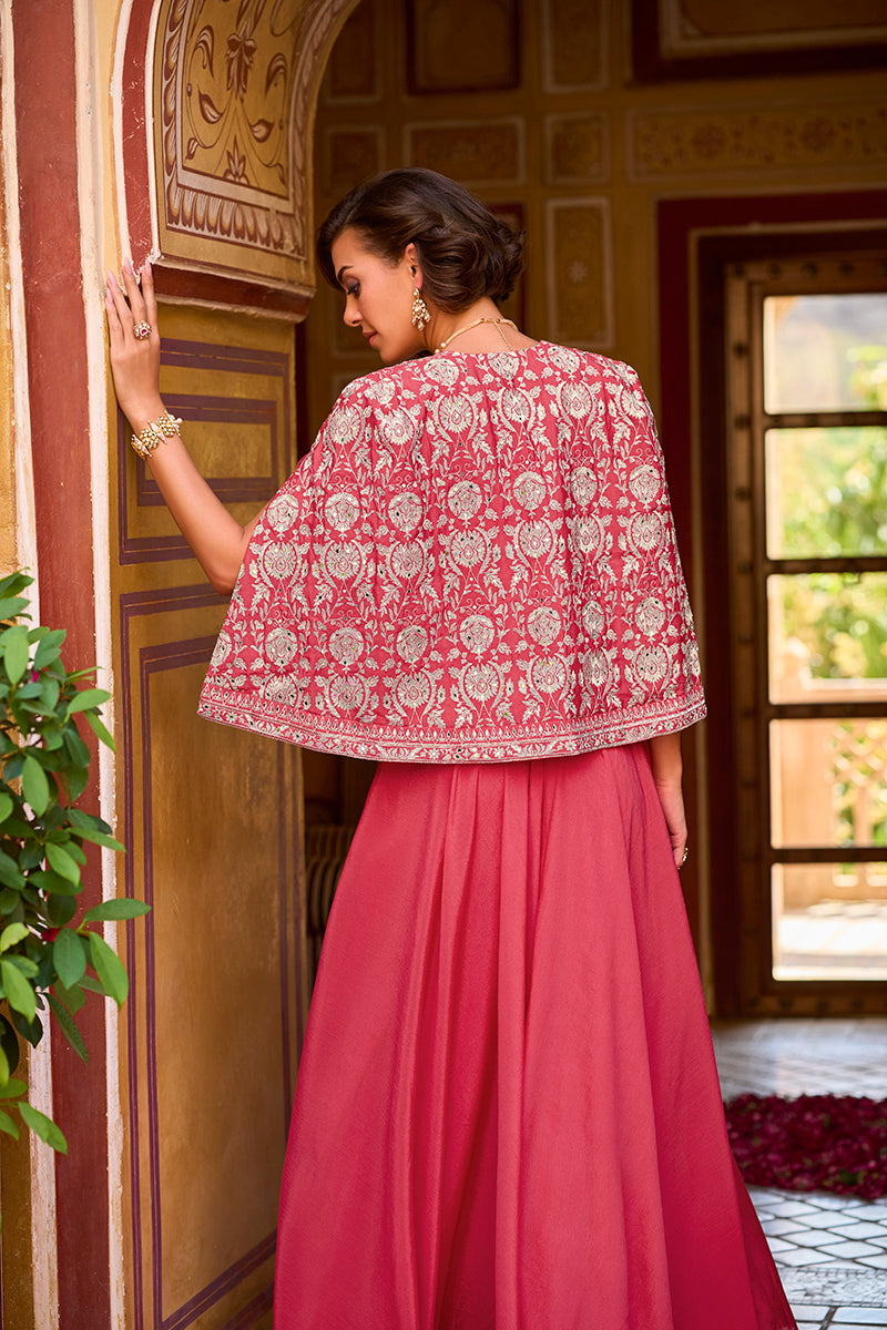 Pink Silk Blend Embroidered Flared Top Bottom With Shrug | SHOBITAM