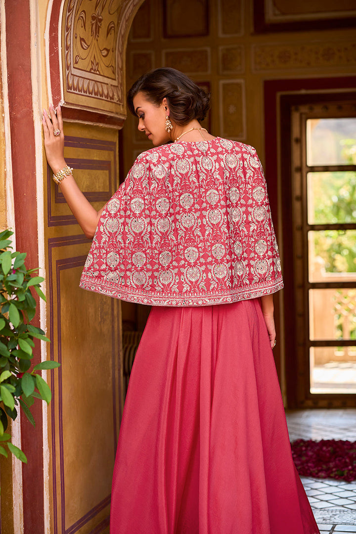 Pink Silk Blend Embroidered Flared Top Bottom With Shrug | SHOBITAM