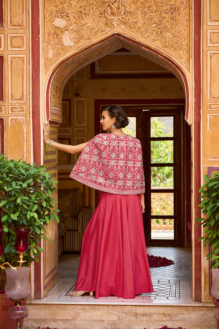 Pink Silk Blend Embroidered Flared Top Bottom With Shrug | SHOBITAM