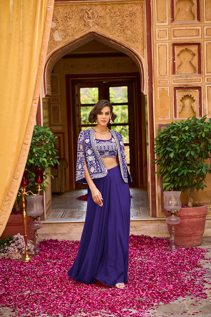Blue Silk Blend Embroidered Flared Top Bottom With Shrug | SHOBITAM