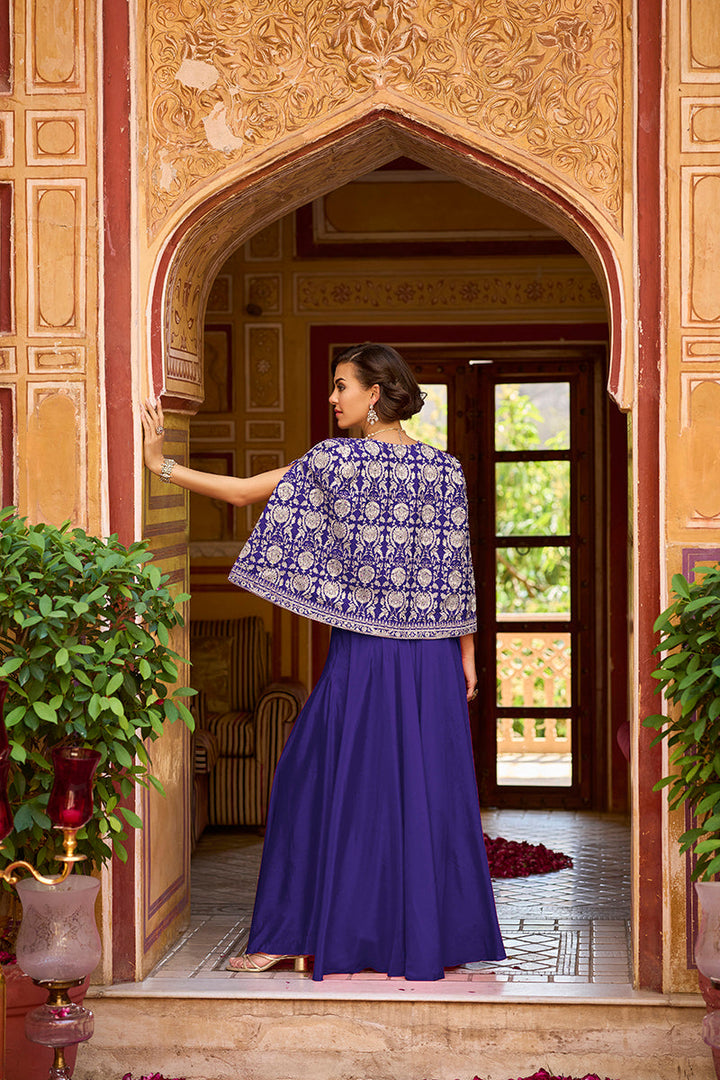 Blue Silk Blend Embroidered Flared Top Bottom With Shrug | SHOBITAM