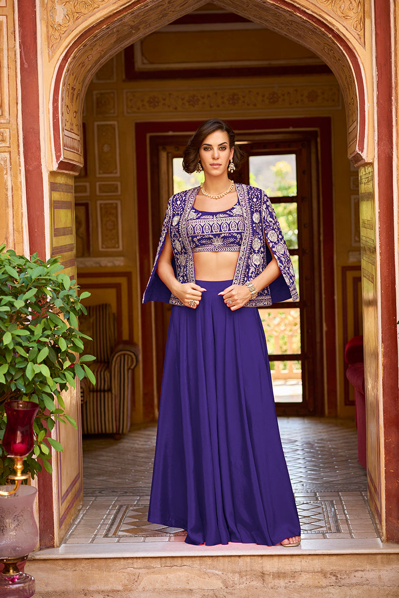 Blue Silk Blend Embroidered Flared Top Bottom With Shrug | SHOBITAM