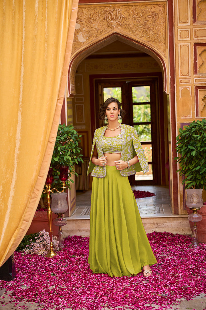 Green Silk Blend Embroidered Flared Top Bottom With Shrug | SHOBITAM