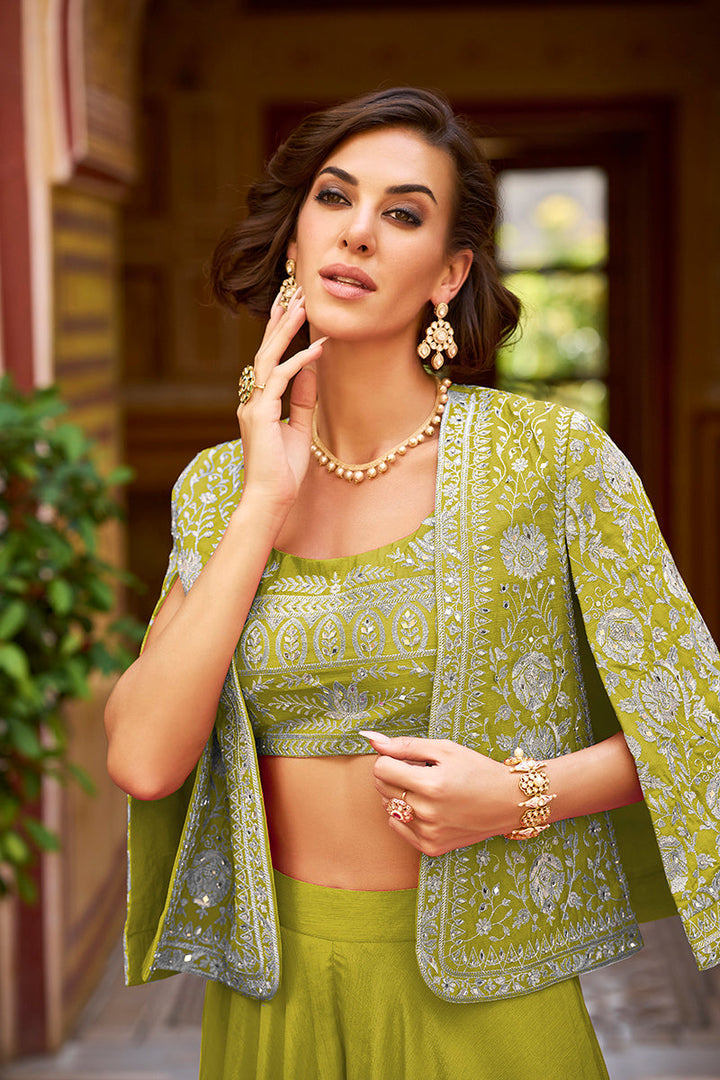 Green Silk Blend Embroidered Flared Top Bottom With Shrug | SHOBITAM