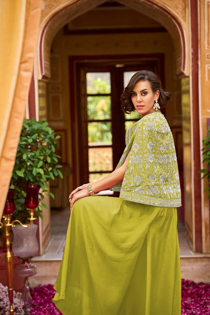 Green Silk Blend Embroidered Flared Top Bottom With Shrug | SHOBITAM