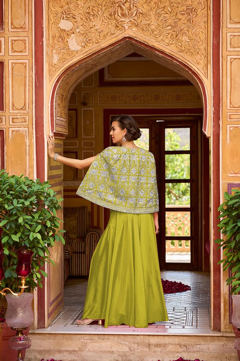 Green Silk Blend Embroidered Flared Top Bottom With Shrug | SHOBITAM