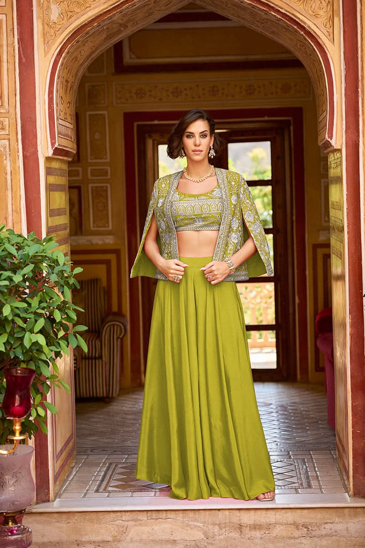 Green Silk Blend Embroidered Flared Top Bottom With Shrug | SHOBITAM