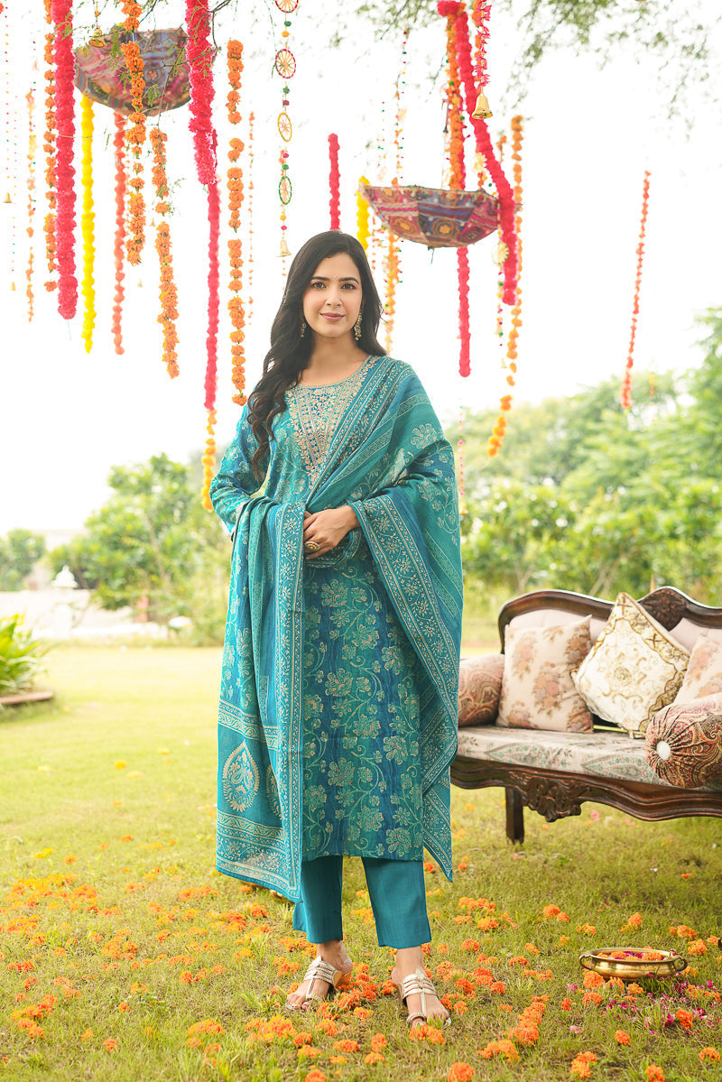 Blue Viscose Rayon Solid Embroidered Straight Kurta Trousers With Dupatta | SHOBITAM