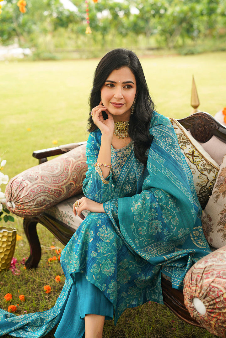 Blue Viscose Rayon Solid Embroidered Straight Kurta Trousers With Dupatta | SHOBITAM