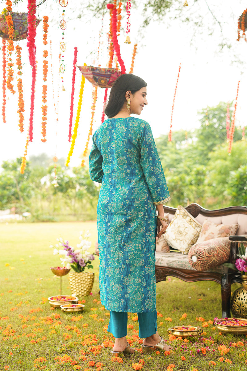 Blue Viscose Rayon Solid Embroidered Straight Kurta Trousers With Dupatta | SHOBITAM
