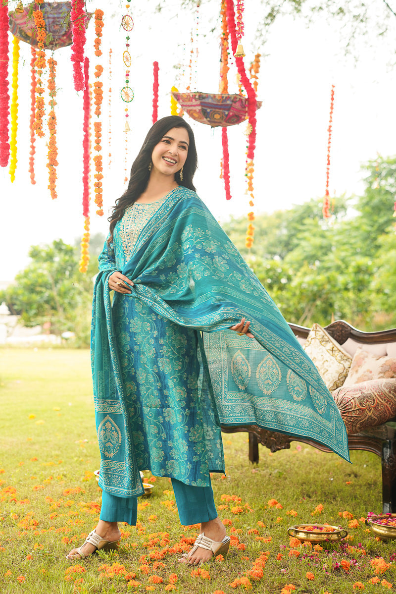 Blue Viscose Rayon Solid Embroidered Straight Kurta Trousers With Dupatta | SHOBITAM