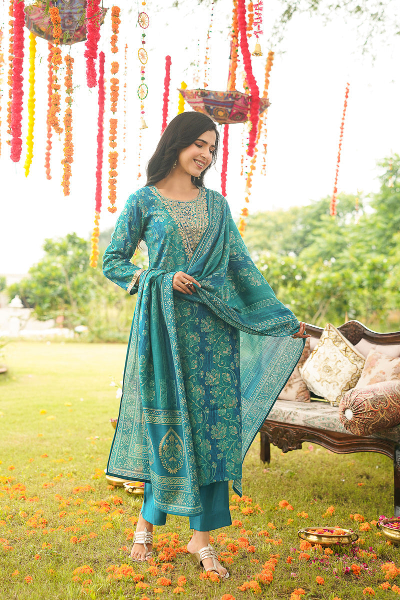 Blue Viscose Rayon Solid Embroidered Straight Kurta Trousers With Dupatta | SHOBITAM