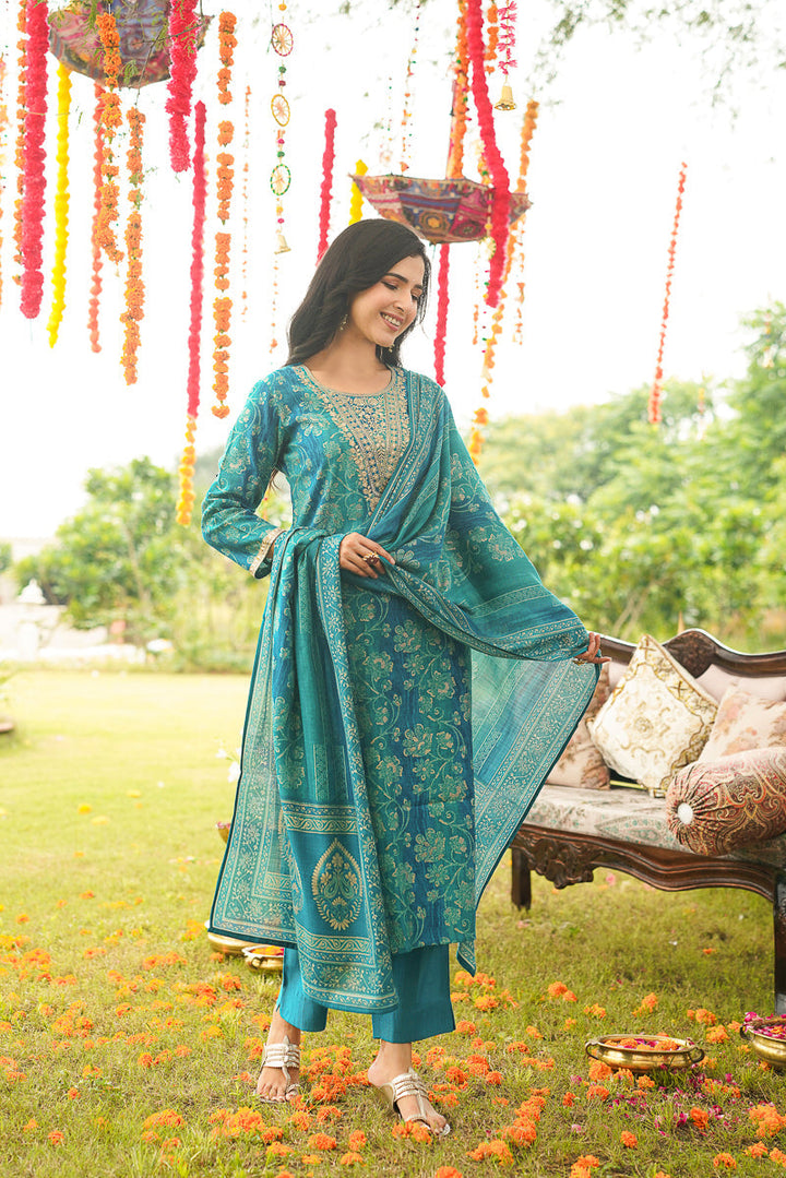 Blue Viscose Rayon Solid Embroidered Straight Kurta Trousers With Dupatta | SHOBITAM