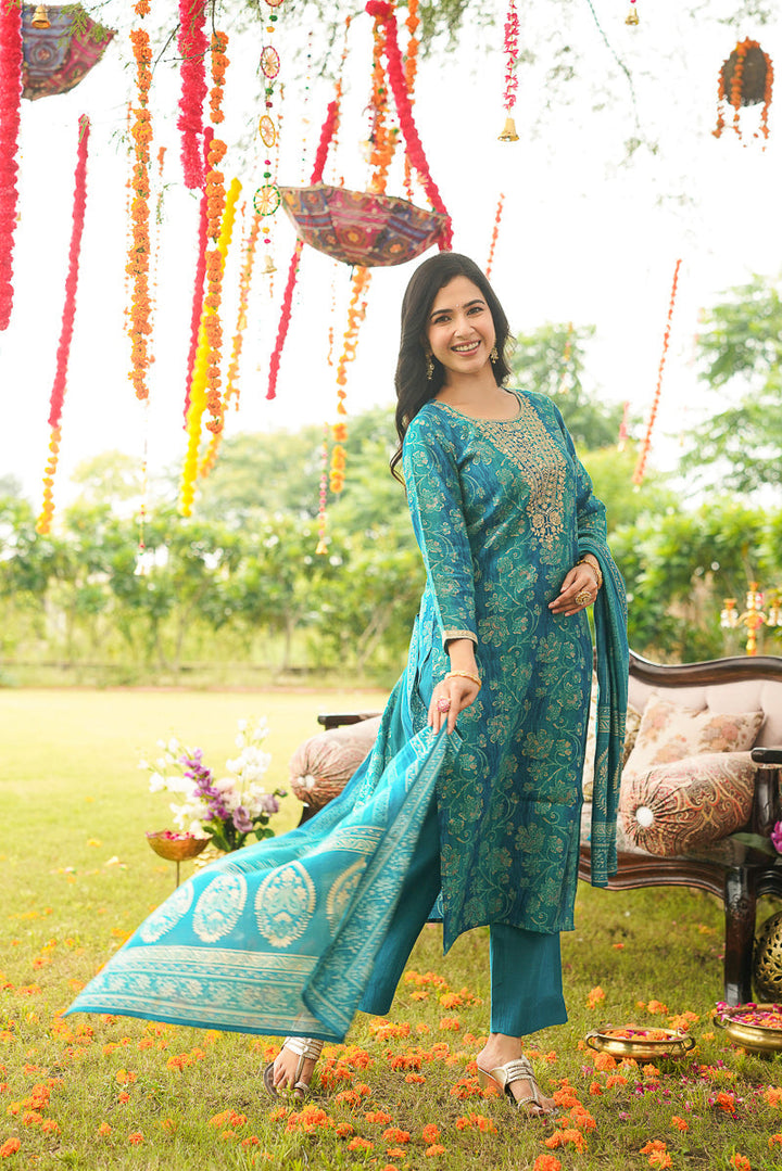 Blue Viscose Rayon Solid Embroidered Straight Kurta Trousers With Dupatta | SHOBITAM