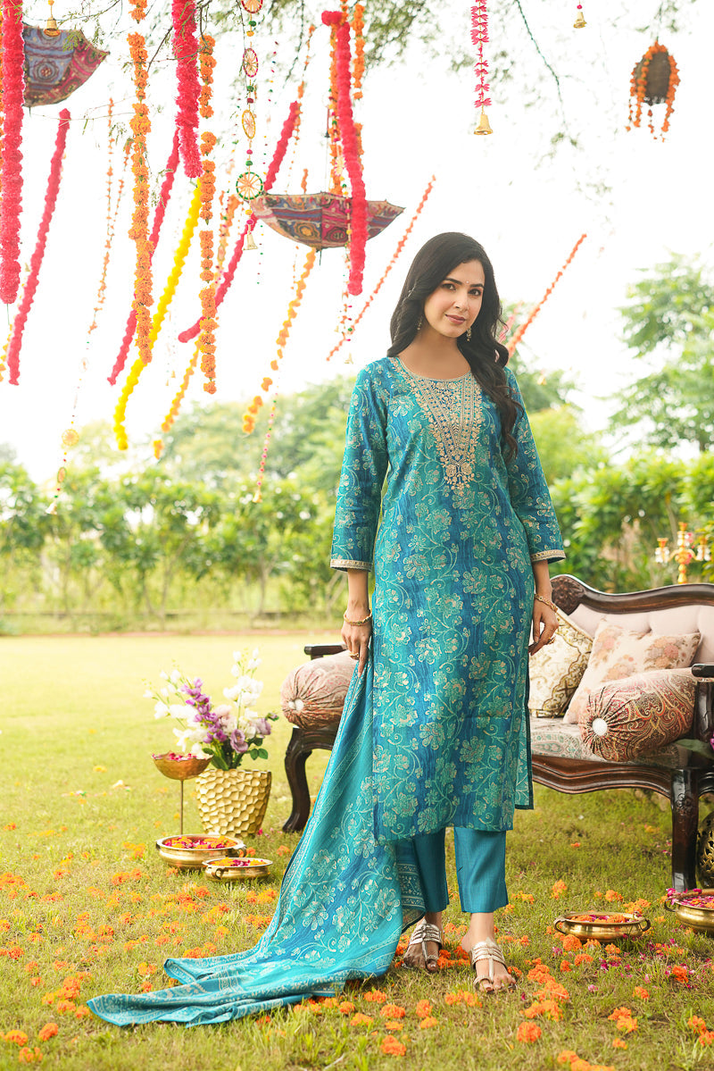 Blue Viscose Rayon Solid Embroidered Straight Kurta Trousers With Dupatta | SHOBITAM