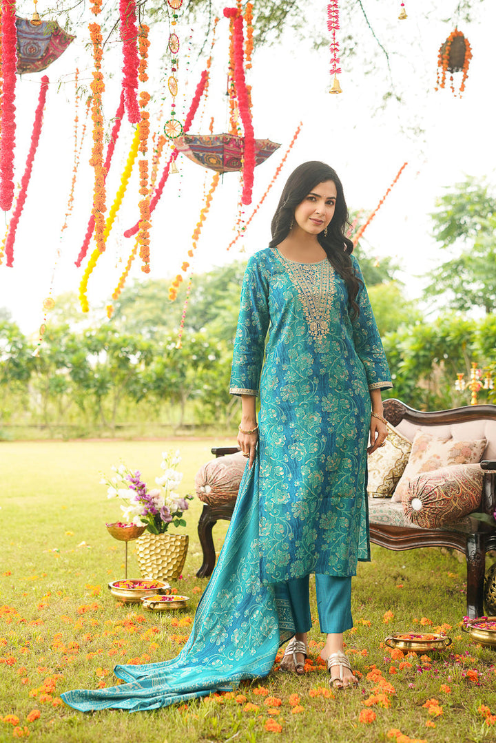 Blue Viscose Rayon Solid Embroidered Straight Kurta Trousers With Dupatta | SHOBITAM