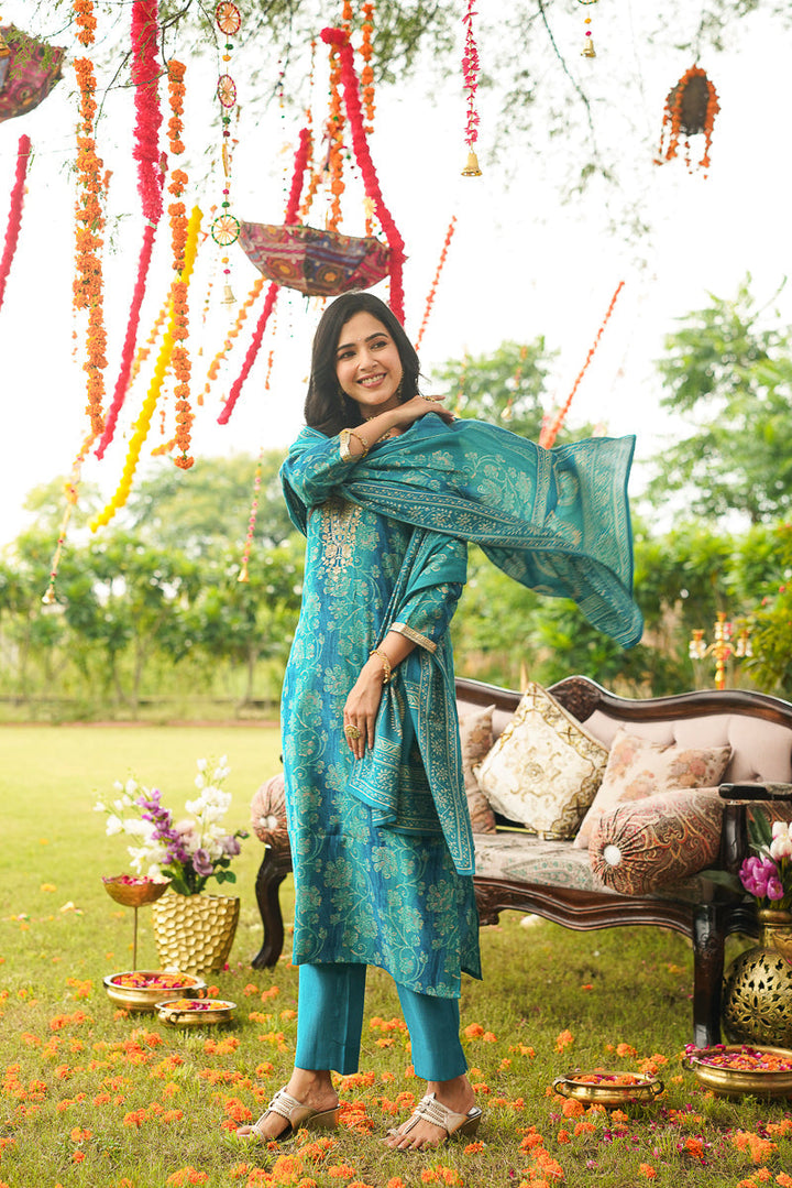 Blue Viscose Rayon Solid Embroidered Straight Kurta Trousers With Dupatta | SHOBITAM