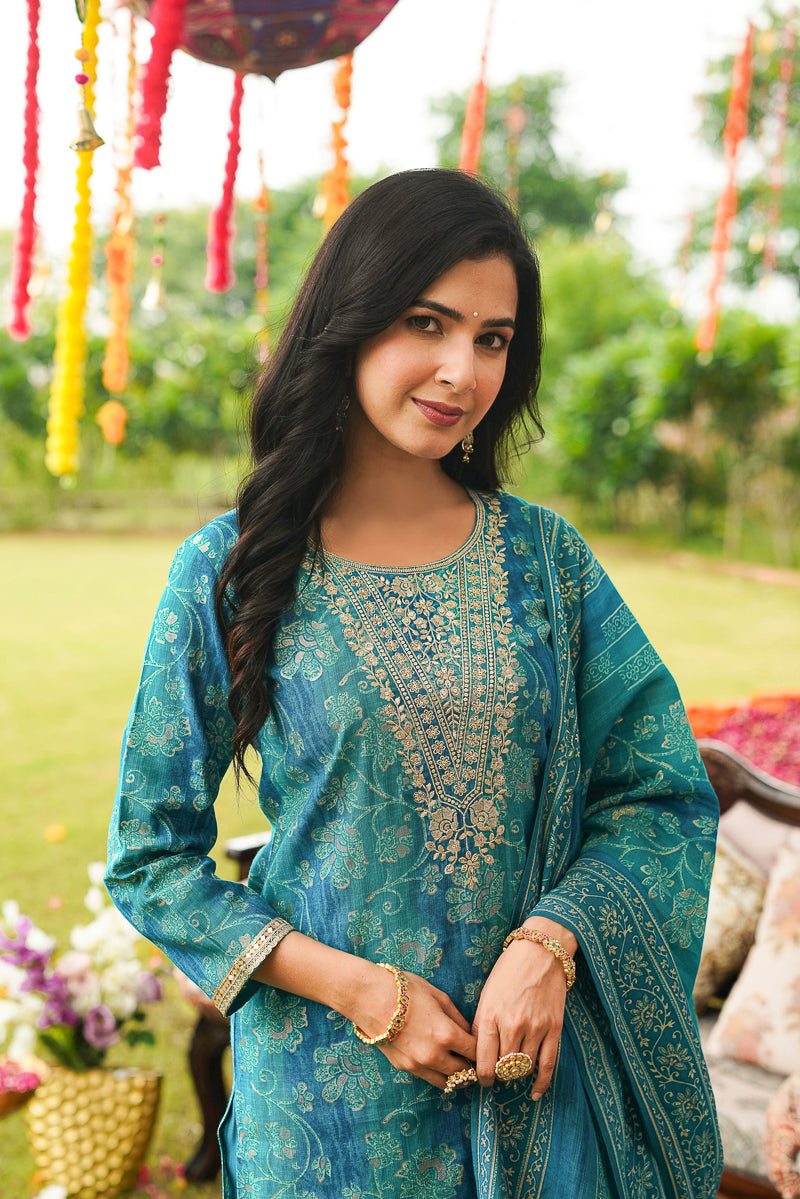 Blue Viscose Rayon Solid Embroidered Straight Kurta Trousers With Dupatta | SHOBITAM
